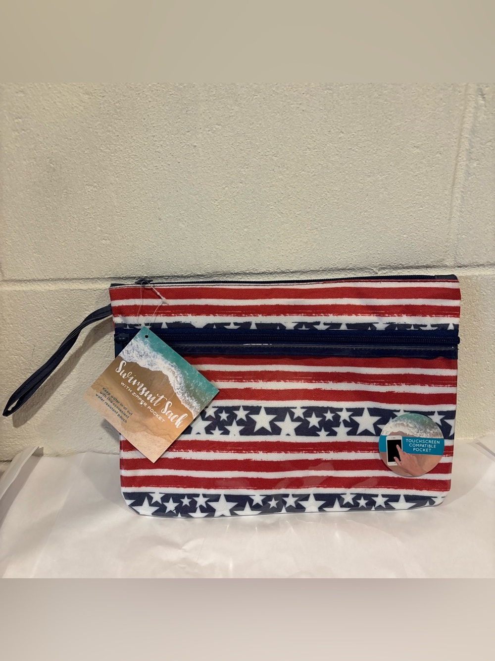 Patriotic Swimsuit Sack wet or dry pouch wristlet red white blue touchscreen